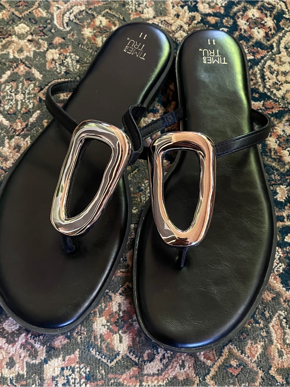 Time and Tru Black Sandals with Gold-Tone Ornament